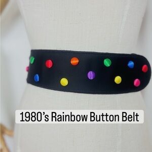 GINNIE JOHANSEN 80’s 80s Black Satin Ajdustable Belt w/ Rainbow Buttons 24-36w